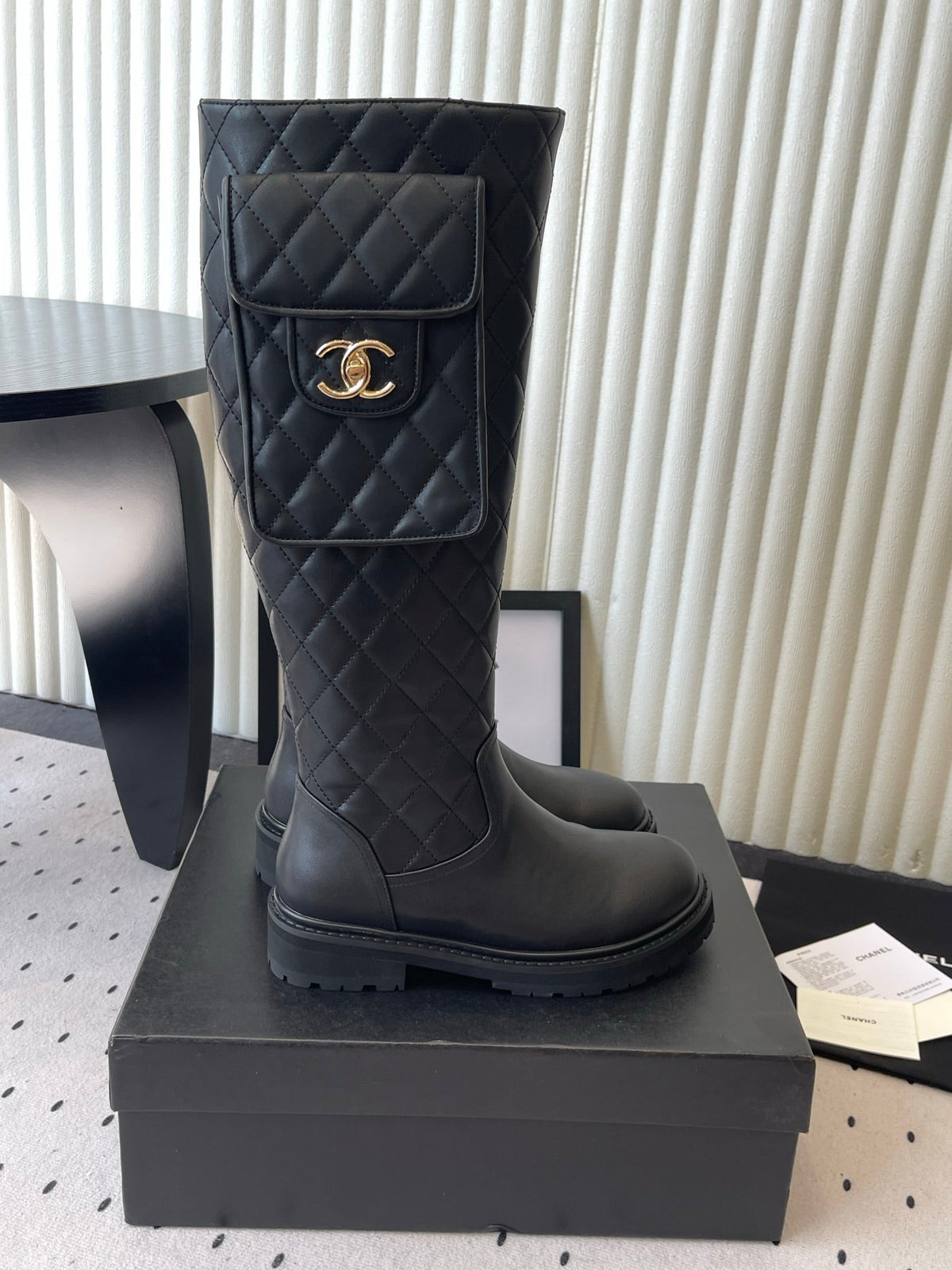 CC 26s Pouch Quilted Knee Boots 3cm Black Leather 105715