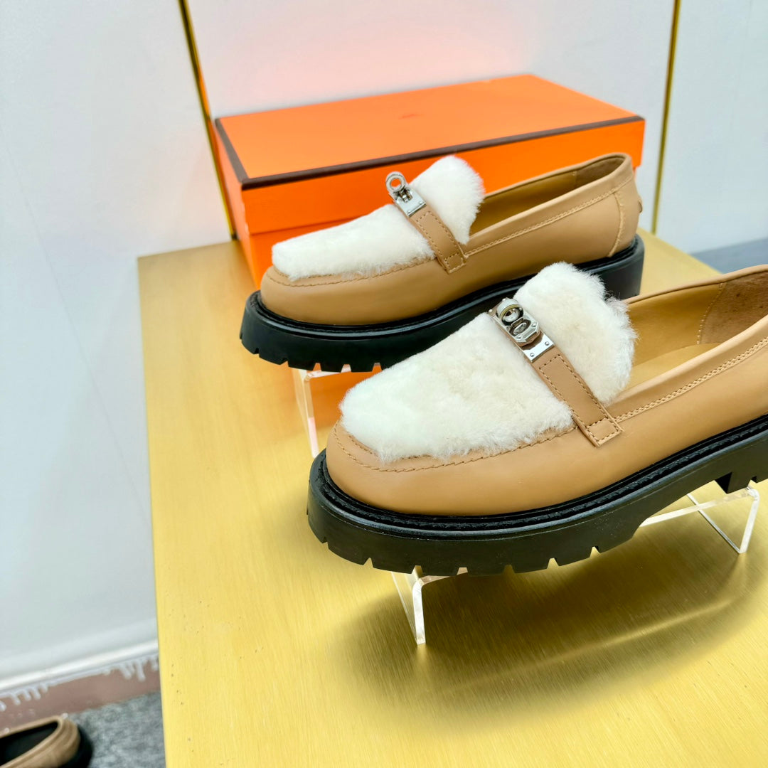 HM Icone Loafer White Shearling Brown Clalfskin
