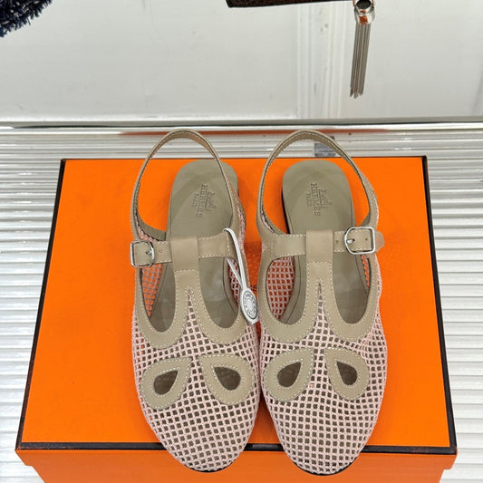HM 25WF Flat Sandals Mesh Cutout Light Taupe Calfskin 571918