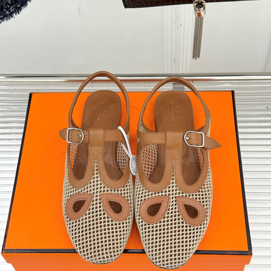 HM 25WF Flat Sandals Mesh Cutout Brown Calfskin 571919