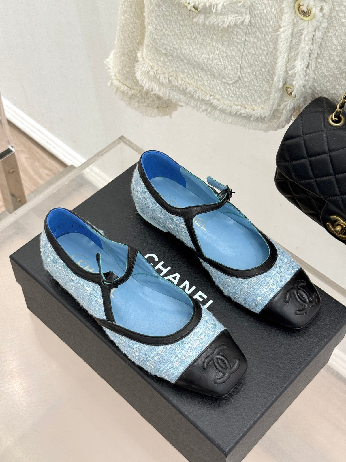 CC 26s Square-Toe Mary Jane Shoes Black Blue Tweed Leather 920423