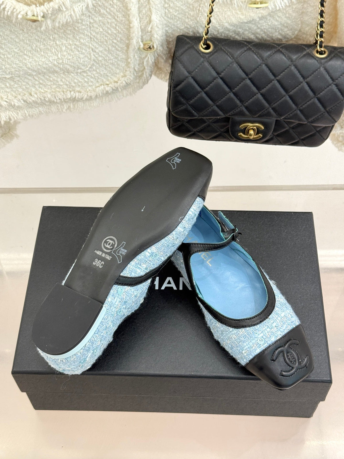 CC 26s Square-Toe Mary Jane Shoes Black Blue Tweed Leather 920423