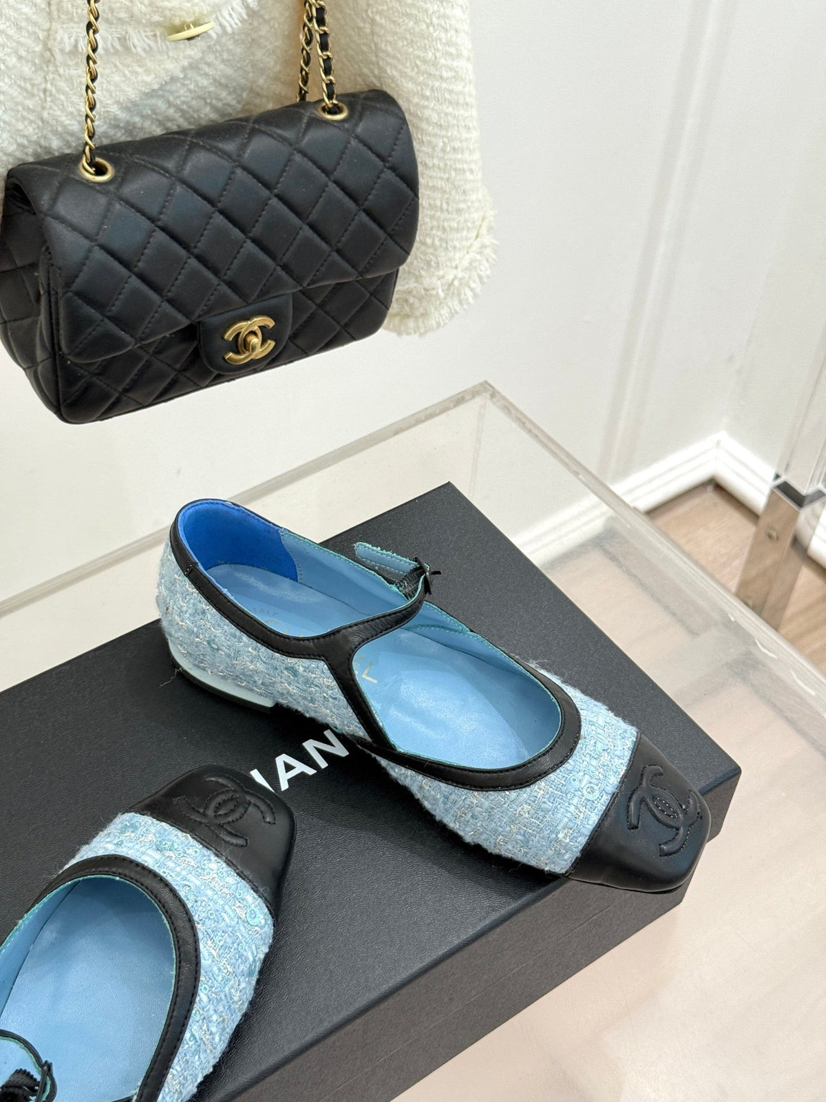 CC 26s Square-Toe Mary Jane Shoes Black Blue Tweed Leather 920423
