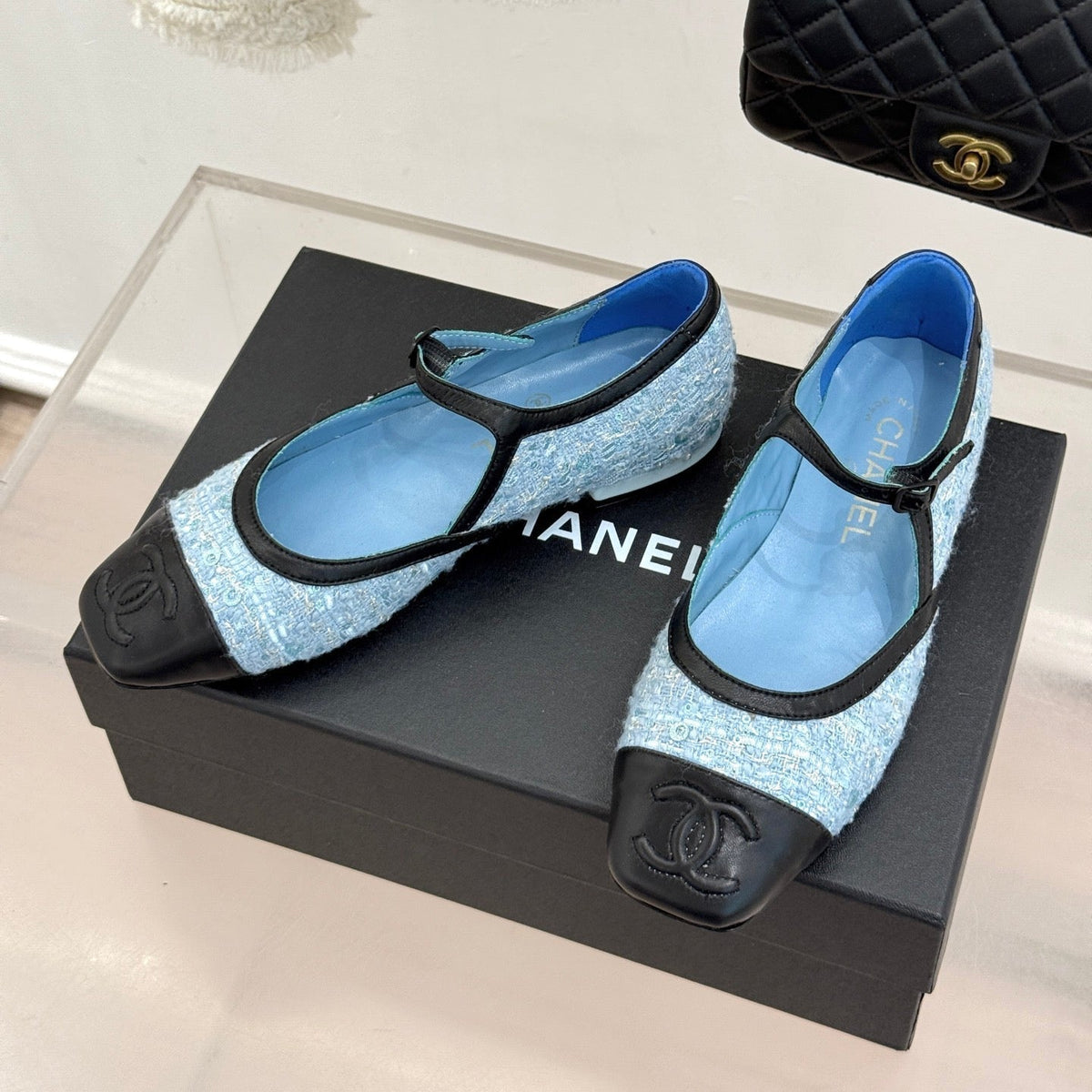 CC 26s Square-Toe Mary Jane Shoes Black Blue Tweed Leather 920423