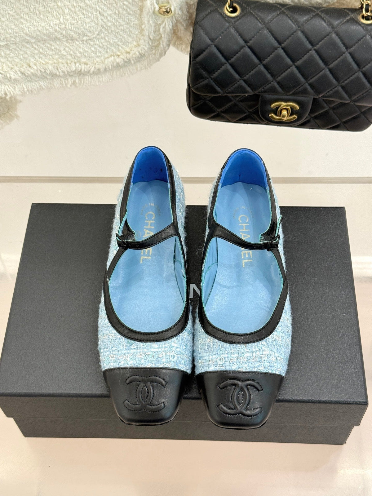 CC 26s Square-Toe Mary Jane Shoes Black Blue Tweed Leather 920423
