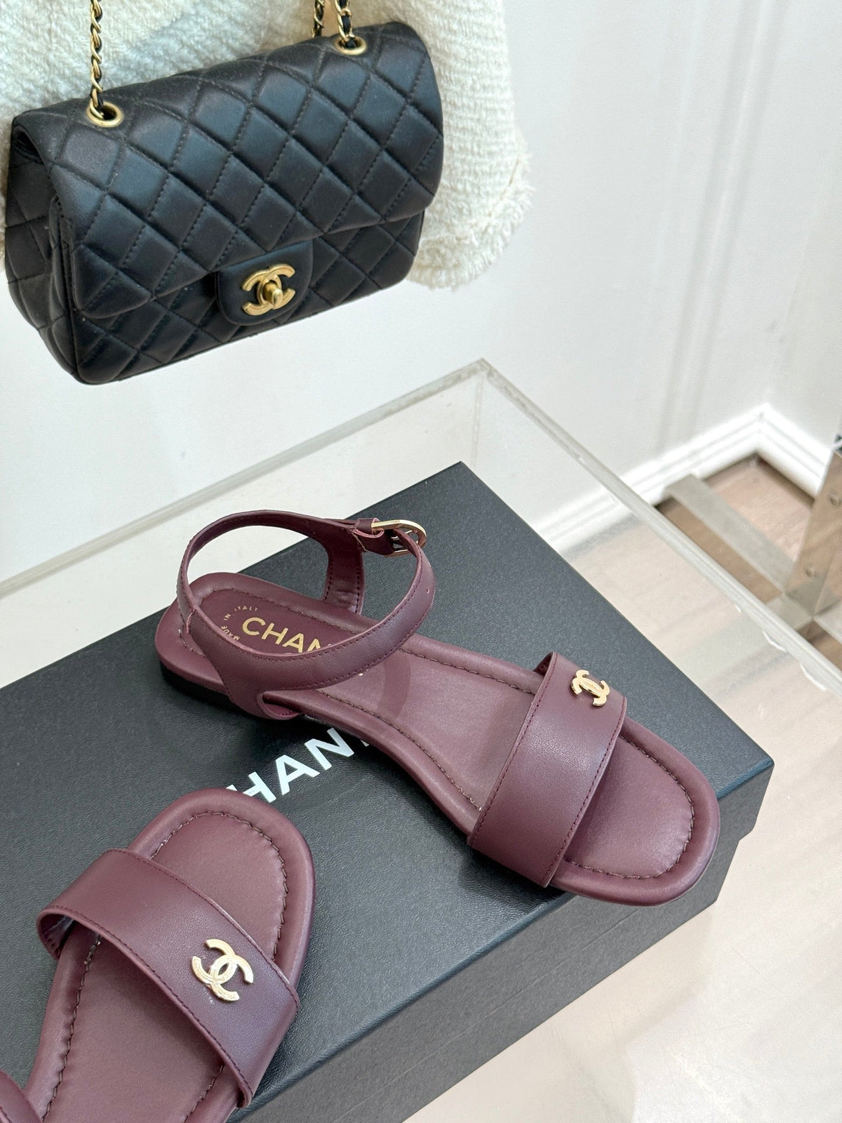 CC 26s Strap Flat Sandals Burgundy Lambskin 920331