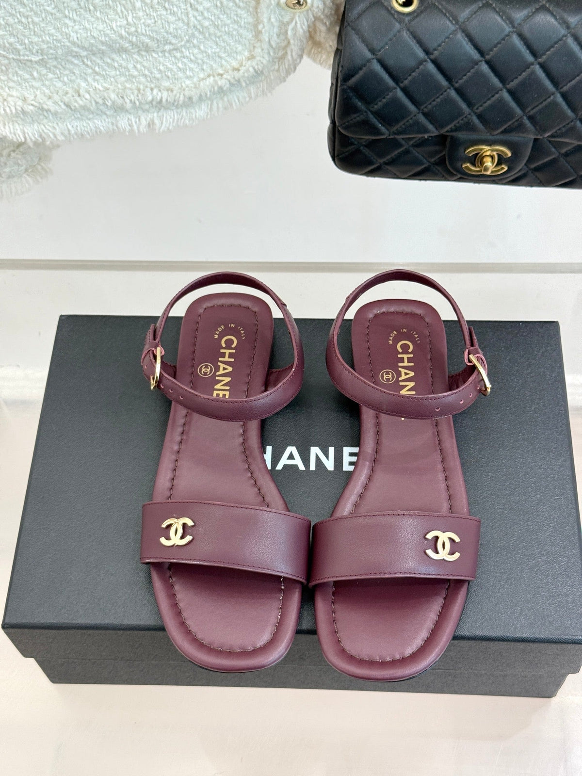 CC 26s Strap Flat Sandals Burgundy Lambskin 920331