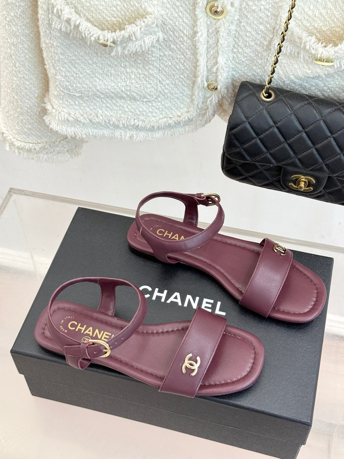 CC 26s Strap Flat Sandals Burgundy Lambskin 920331