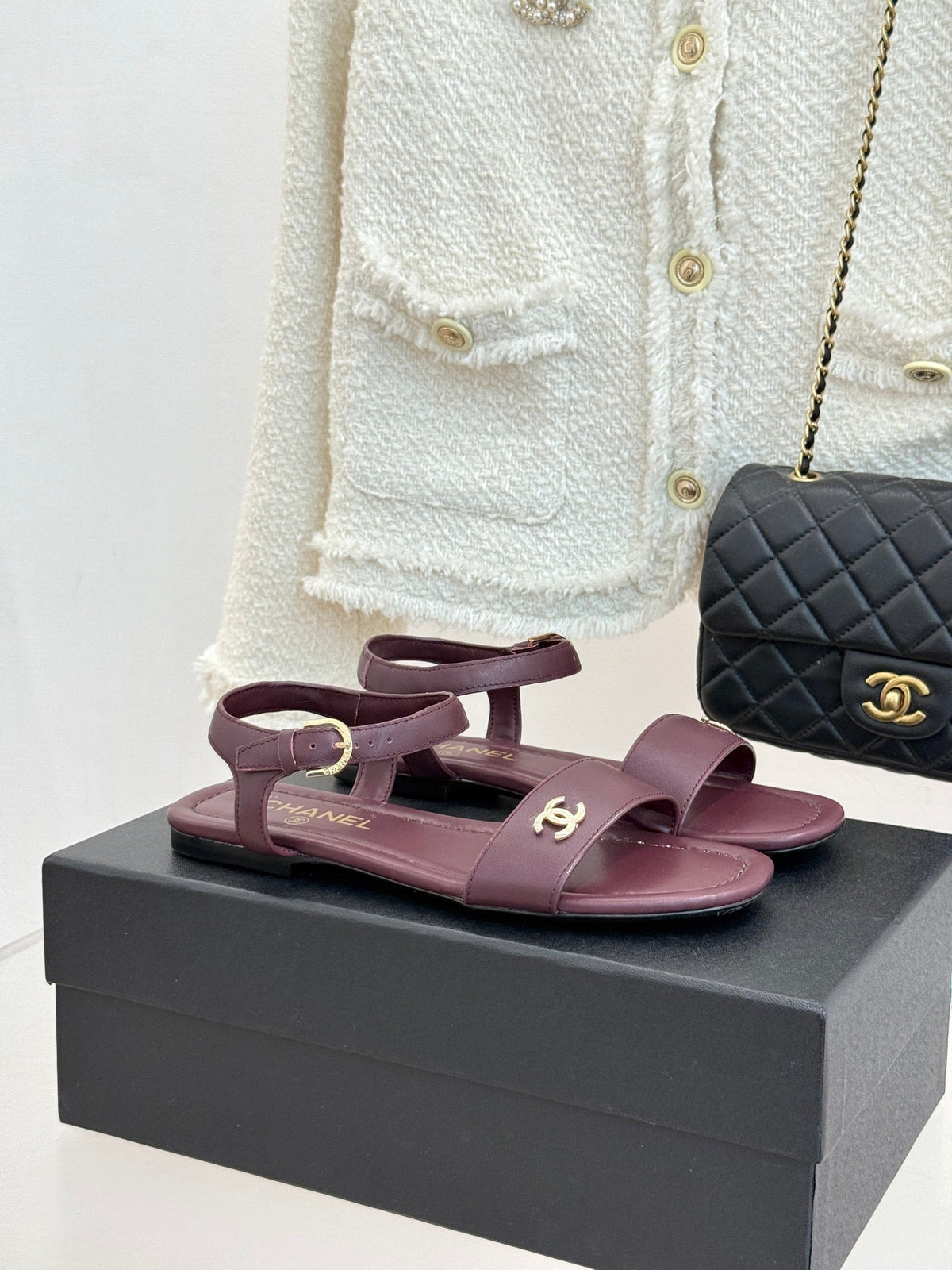 CC 26s Strap Flat Sandals Burgundy Lambskin 920331