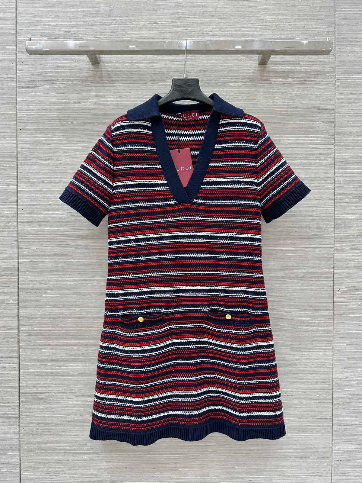 Gucci 25 Knitted V-neck Dress White Red Wool