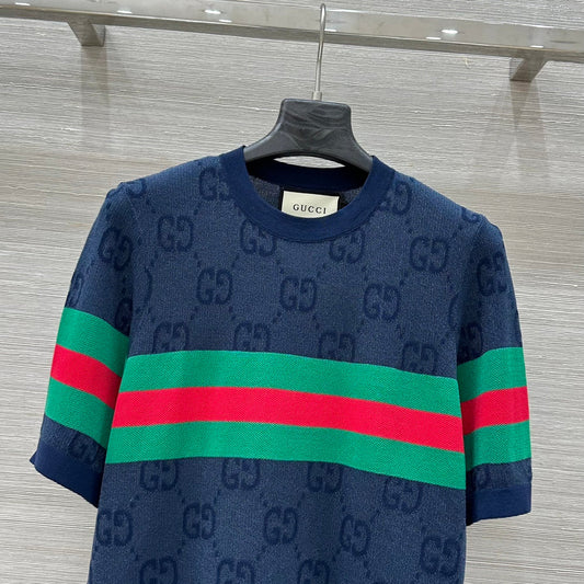 Gucci 25 Mesh Short-sleeved Top Blue Tencel