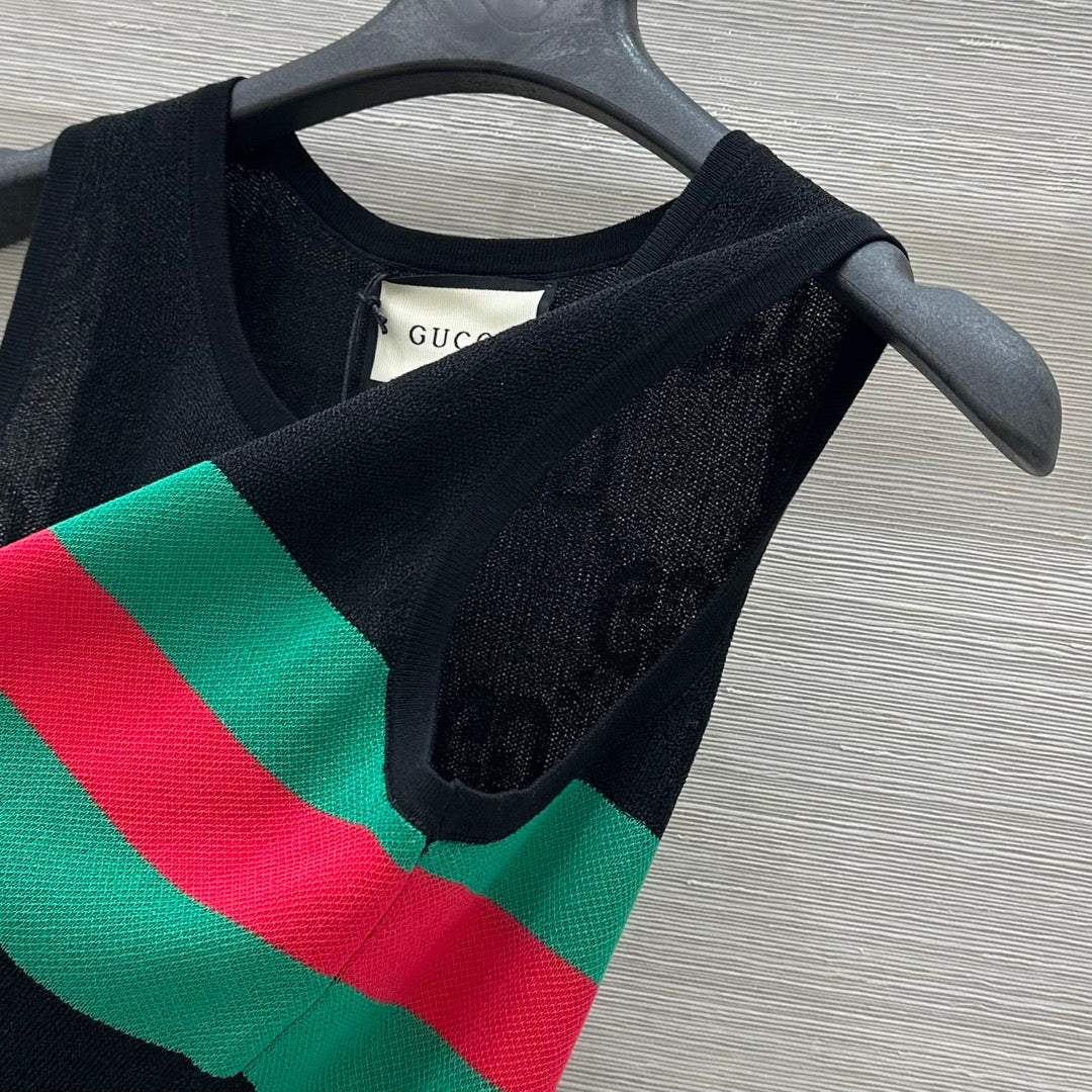 Gucci 25 Embroidered Jacquard Mesh Vest Top Black Tencel