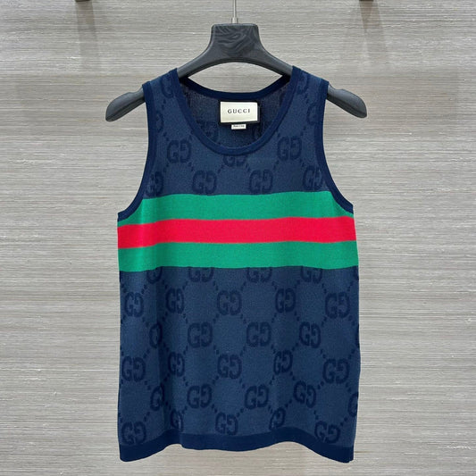 Gucci 25 Embroidered Jacquard Mesh Vest Top Navy Blue Tencel