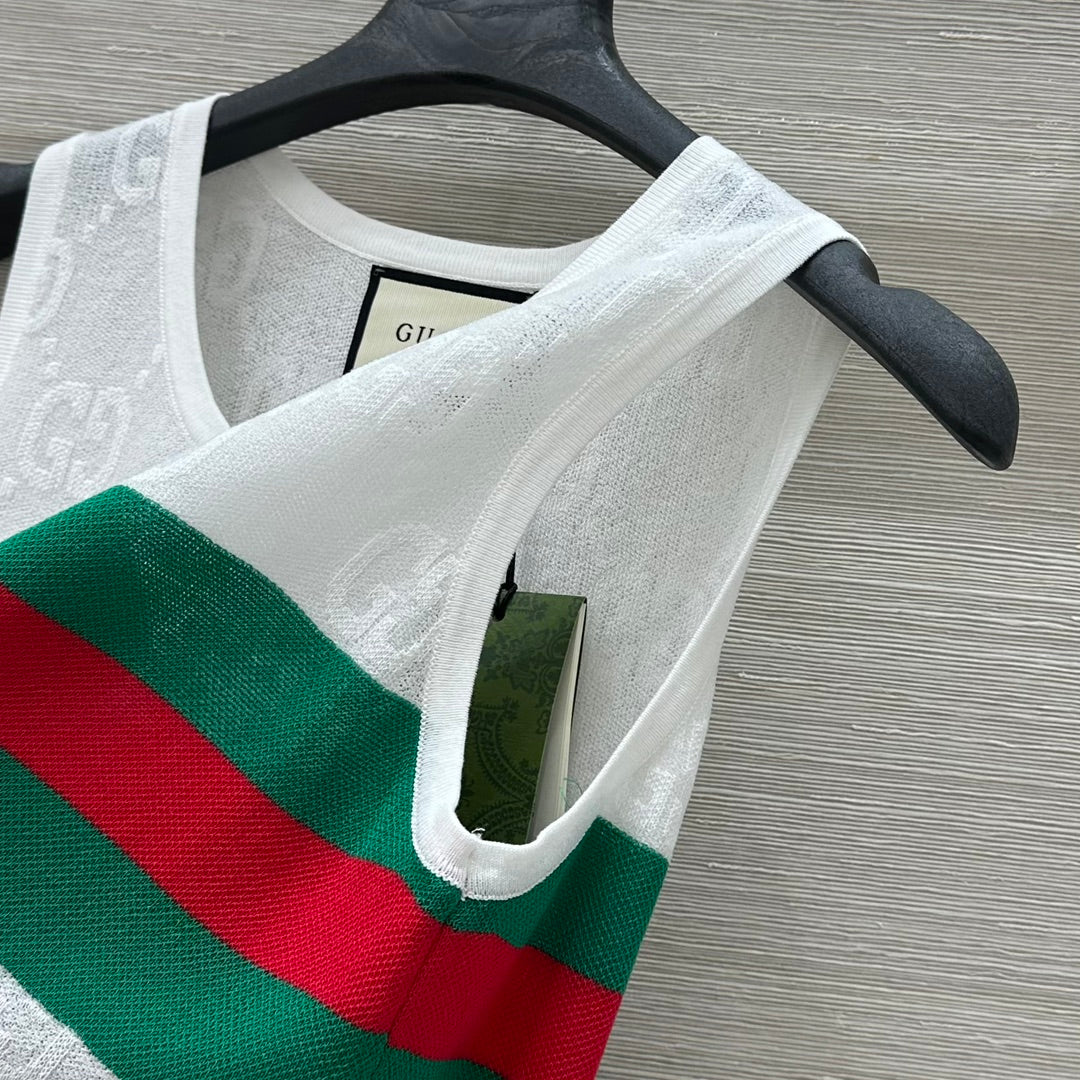 Gucci 25 Embroidered Jacquard Mesh Vest Top White Tencel