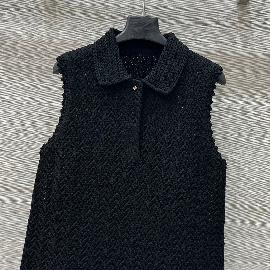 Gucci 25 Hollow Knitted Polo Vest Dress Black Polyester Fiber