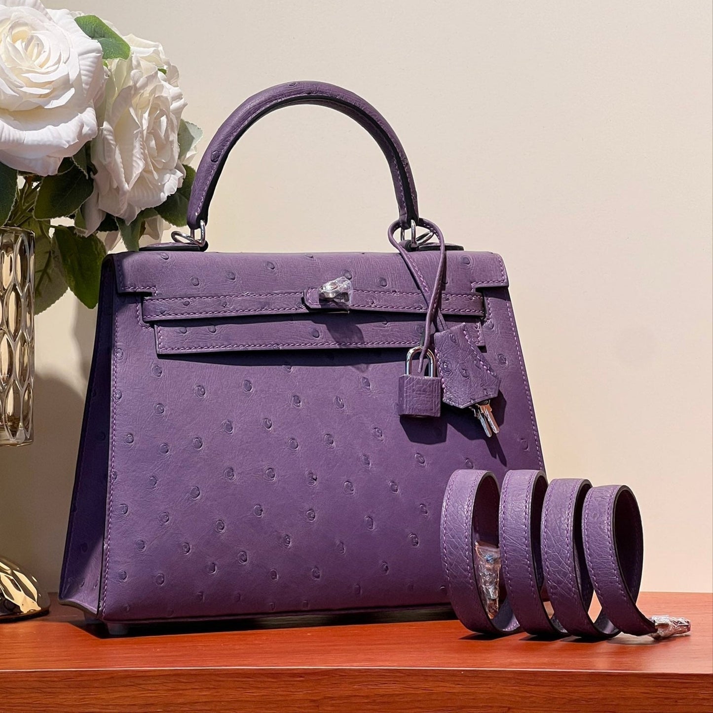 KELLY SELLIER 25 BAG IN ROYAL PURPLE OSTRICH LEATHER WITH SILVER HARDWARE (MADE - TO - ODER)