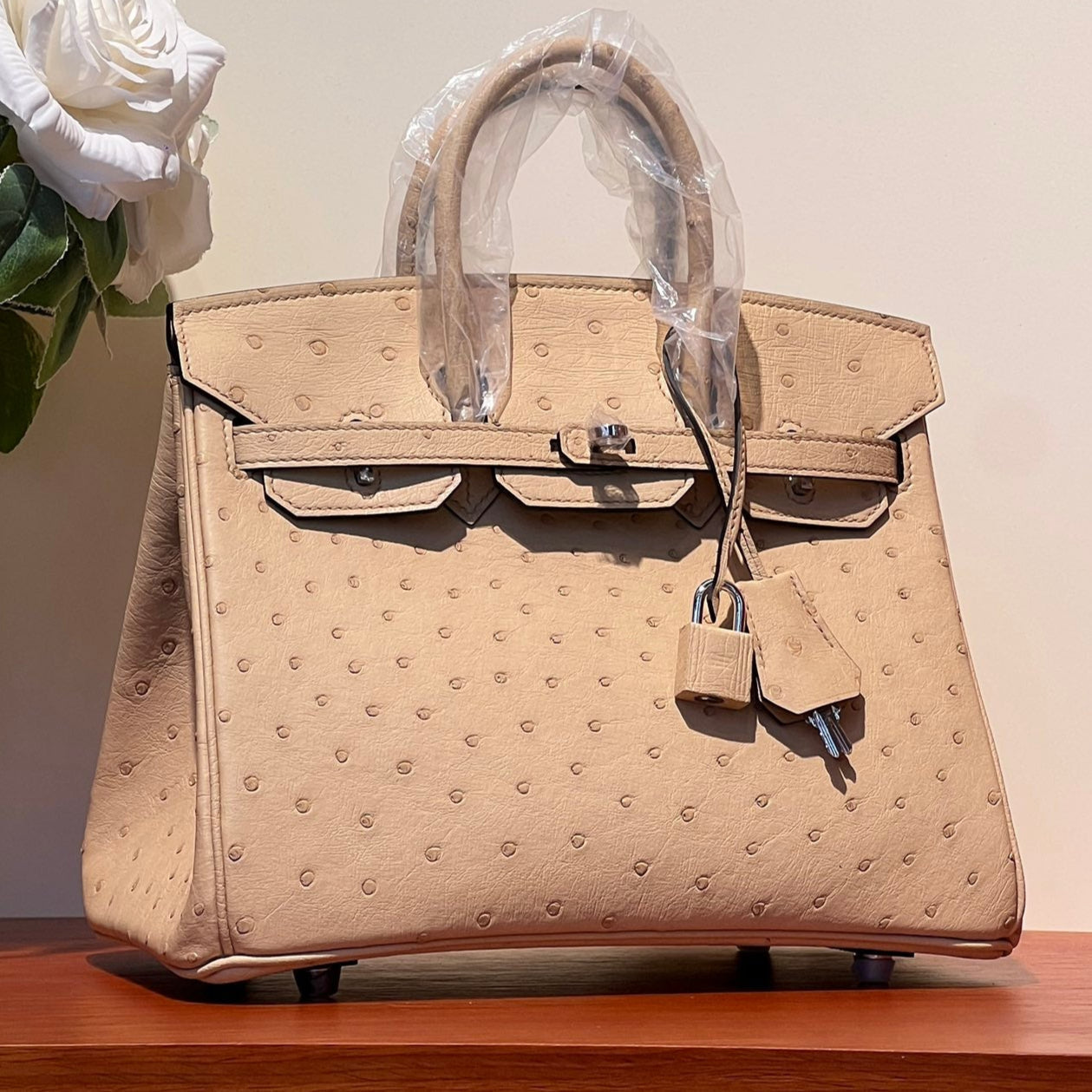KELLY SELLIER 25 BAG IN CAMEL BEIGE OSTRICH LEATHER WITH SILVER HARDWARE (MADE - TO - ODER)