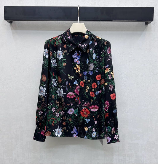 GG SS26 Flora Printed Collared Shirt Black Multicolor Silk 351779
