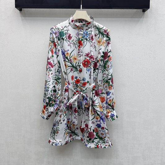 GG SS26 Flora Print Mini Dress White Multicolor Silk 351773
