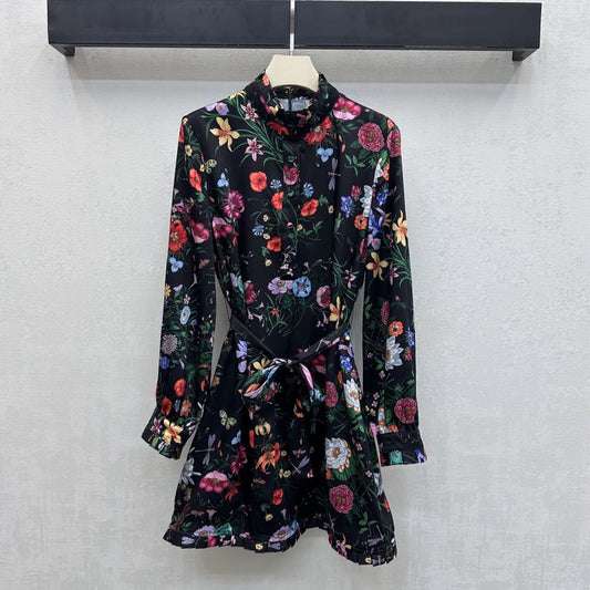 GG SS26  Flora Print Mini Dress Black Multicolor Silk 351771