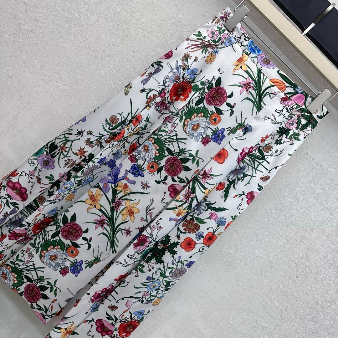 GG SS26 Flora Printed Pleated Midi Skirt White Multicolor Silk 351787