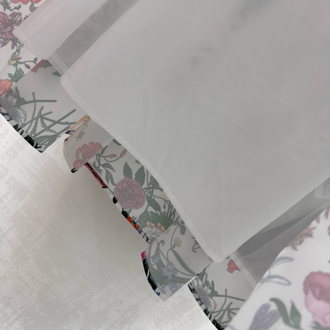 GG SS26 Flora Printed Pleated Midi Skirt White Multicolor Silk 351787
