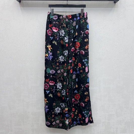 GG SS26 Printed Straight Leg Trousers Black Multicolor Silk 351694