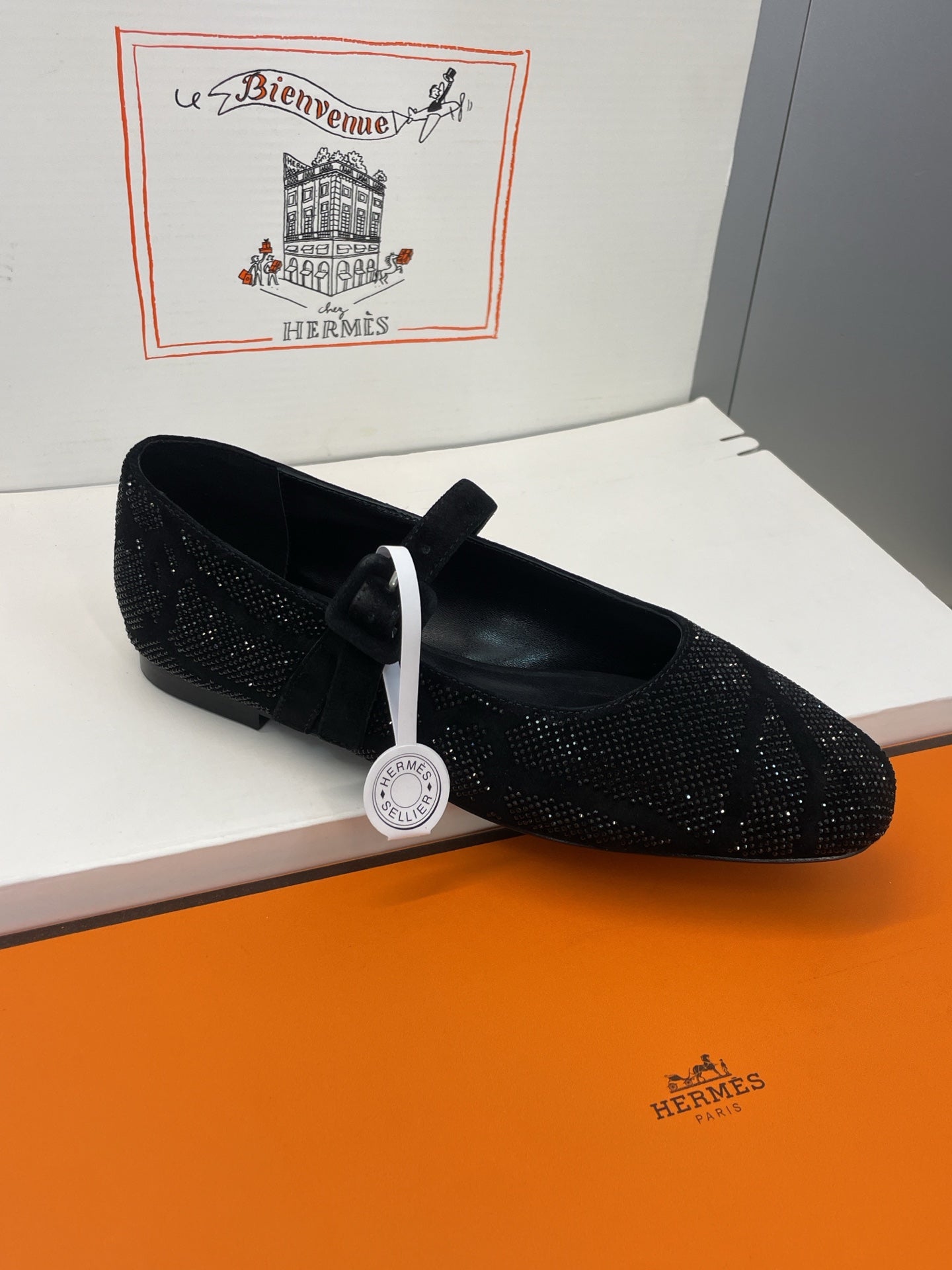 HM Light Ballet Flat with Black Rhinestone Black Lambskin