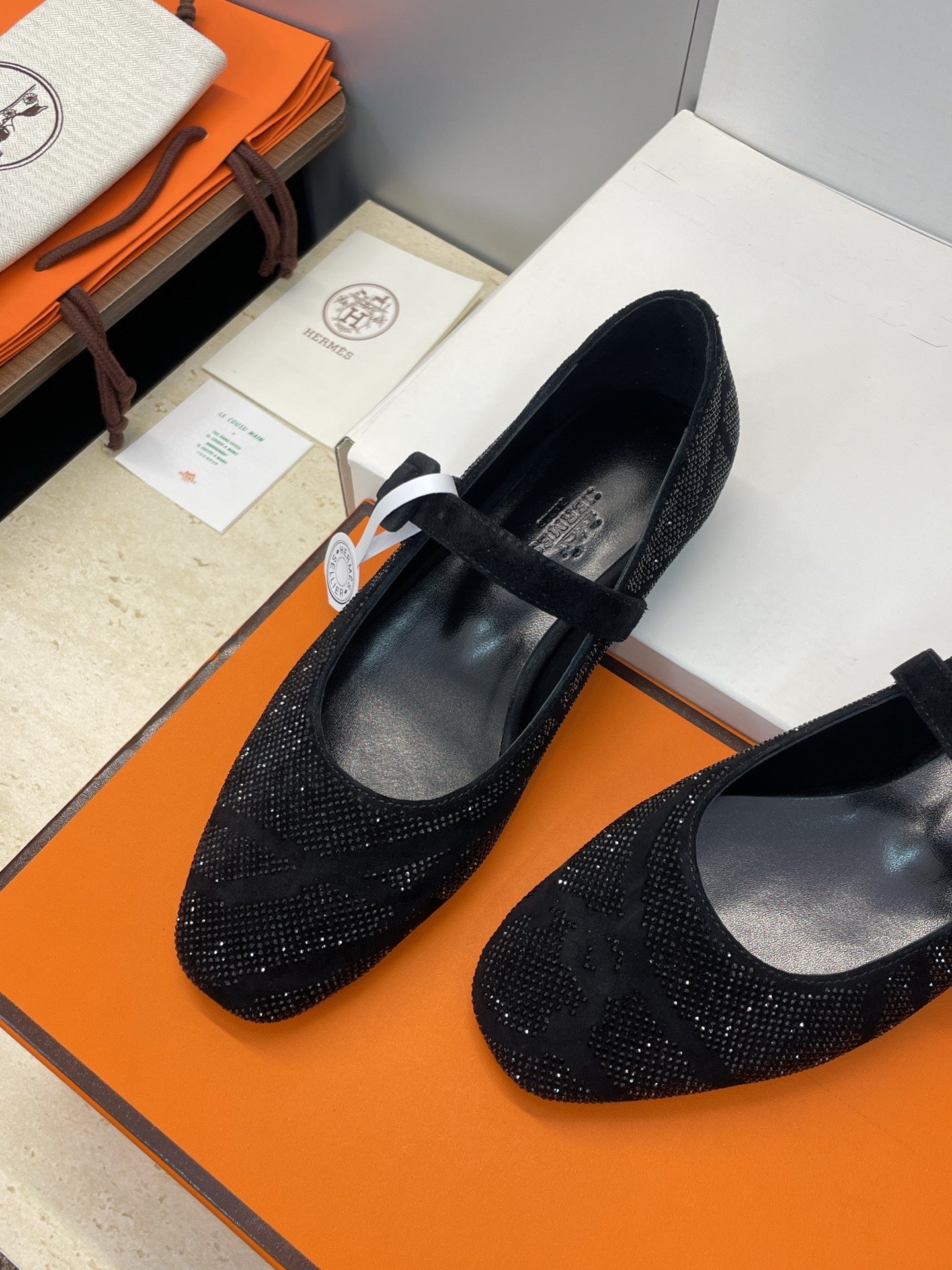 HM Light Ballet Flat with Black Rhinestone Black Lambskin