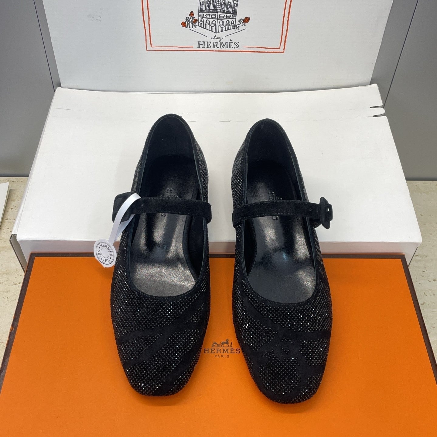 HM Light Ballet Flat with Black Rhinestone Black Lambskin