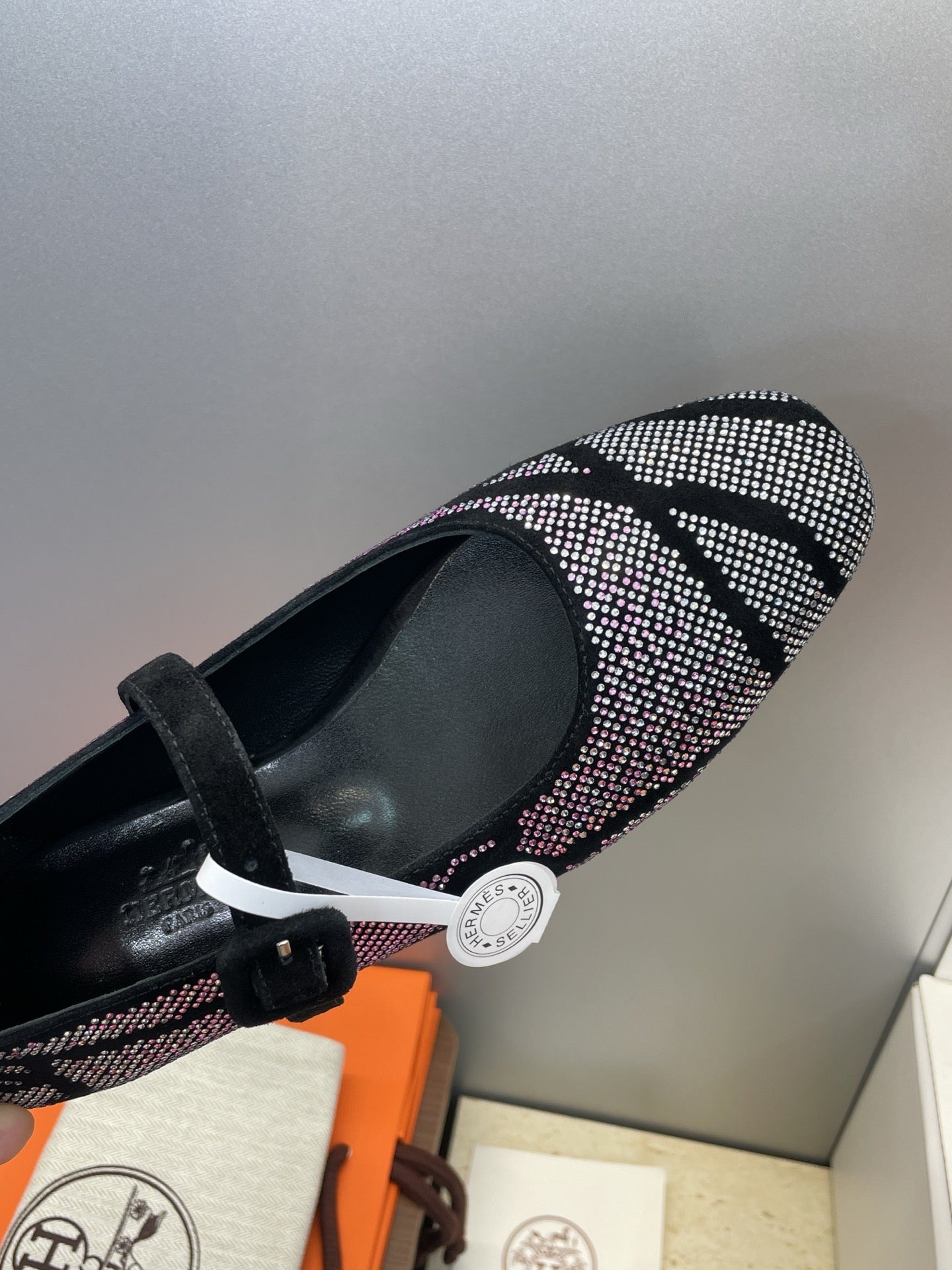 HM Light Ballet Flat with White Rhinestone Black Lambskin