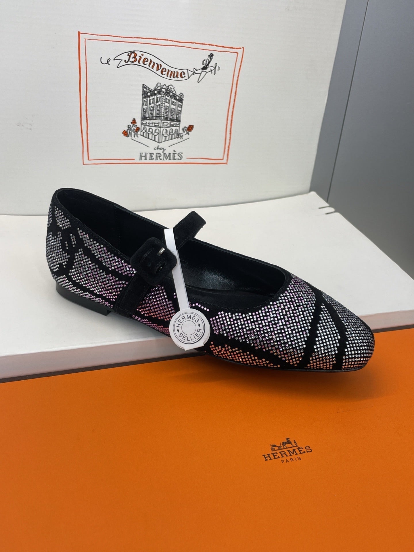 HM Light Ballet Flat with White Rhinestone Black Lambskin