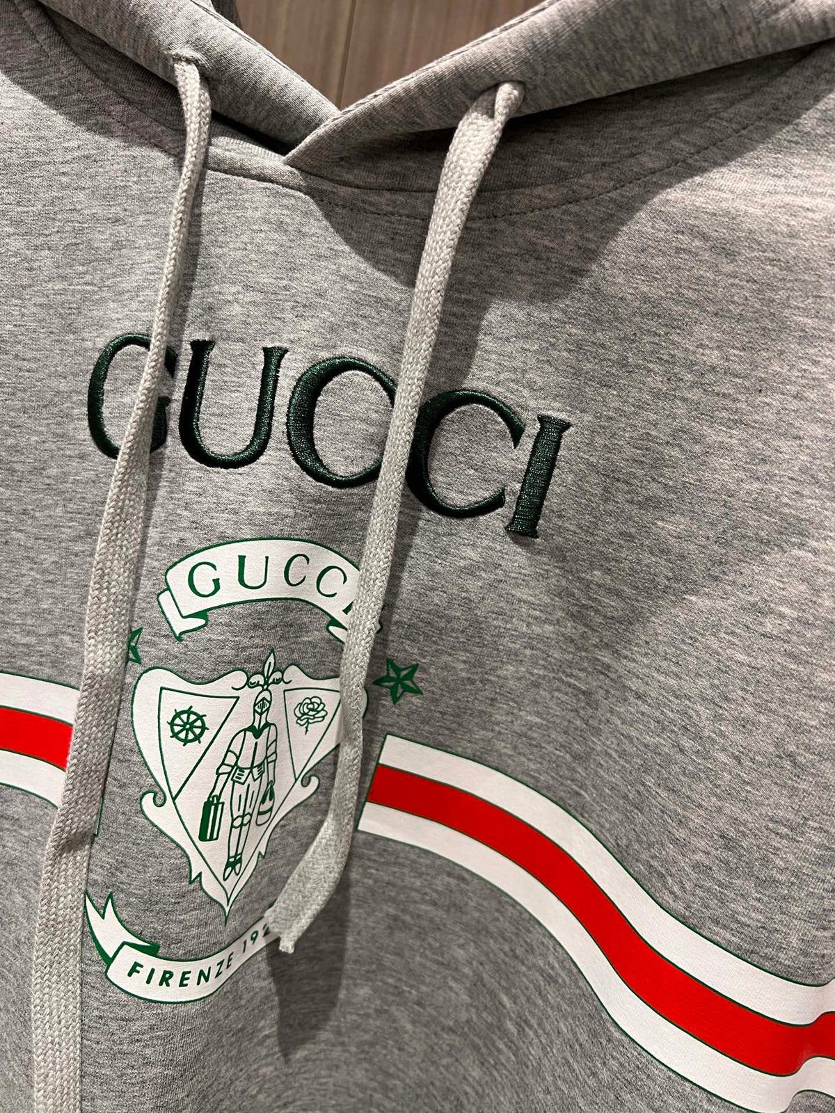 Gucci Embroidered Logo Badge Striped Print Hooded Gray Cotton