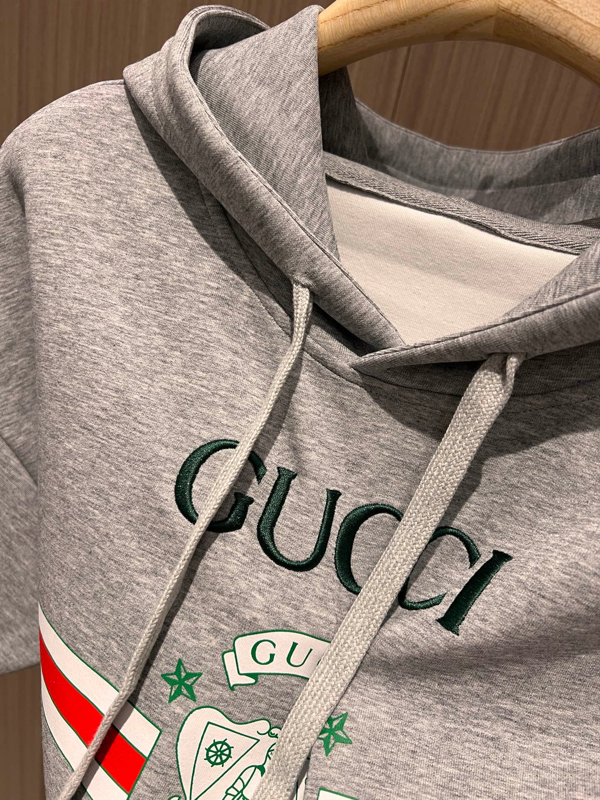 Gucci Embroidered Logo Badge Striped Print Hooded Gray Cotton