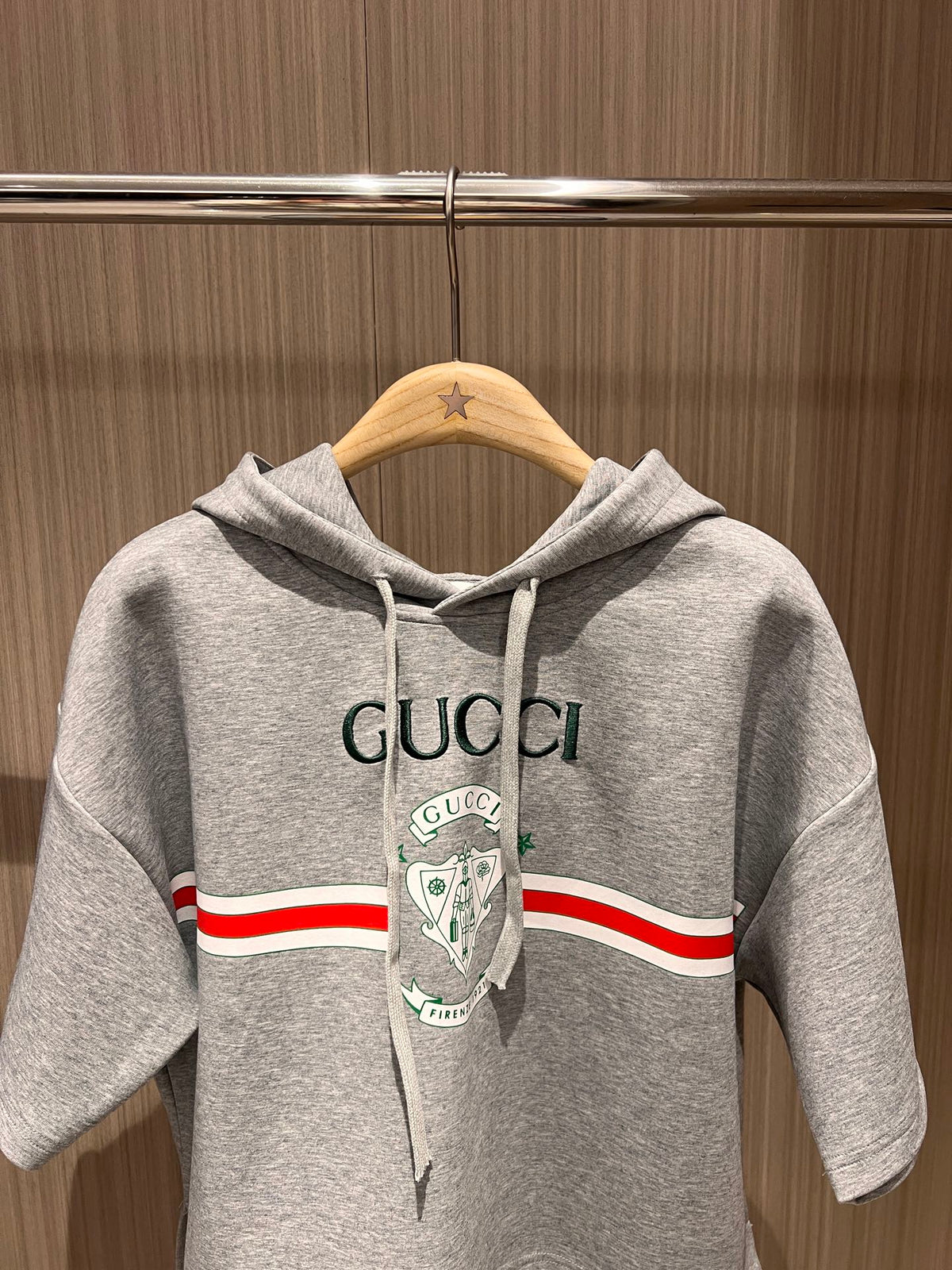 Gucci Embroidered Logo Badge Striped Print Hooded Gray Cotton