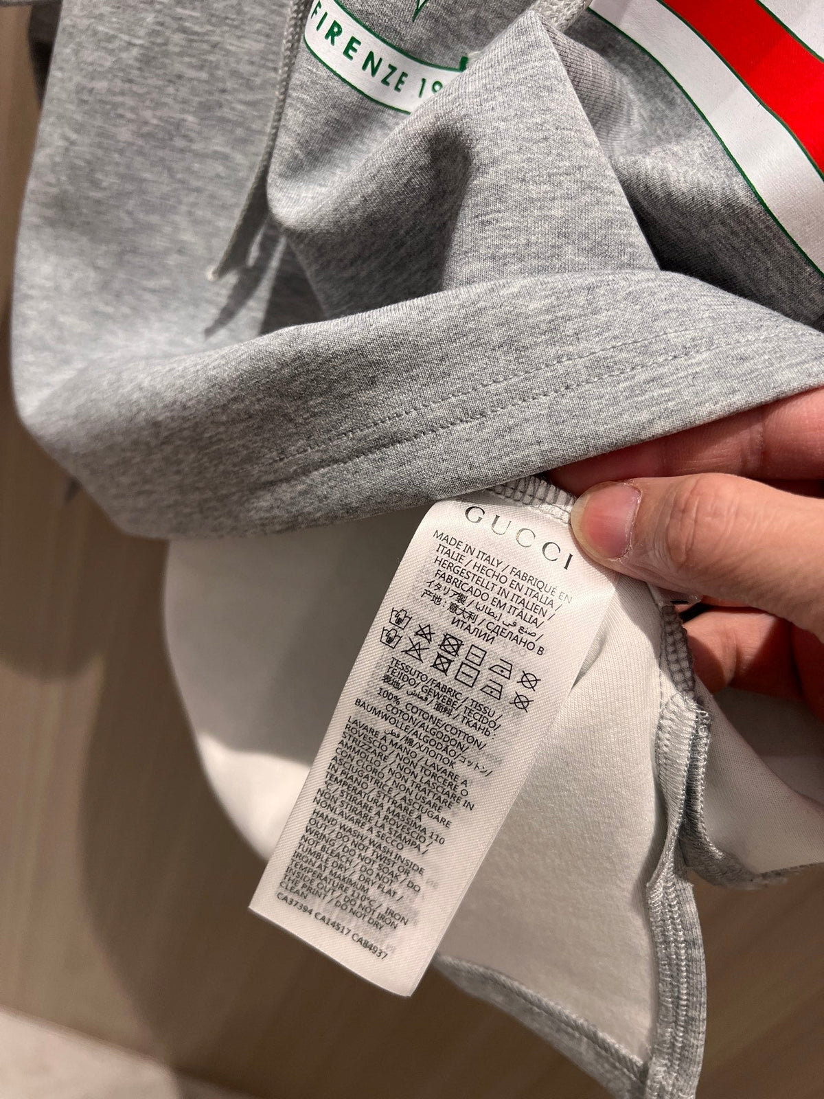 Gucci Embroidered Logo Badge Striped Print Hooded Gray Cotton