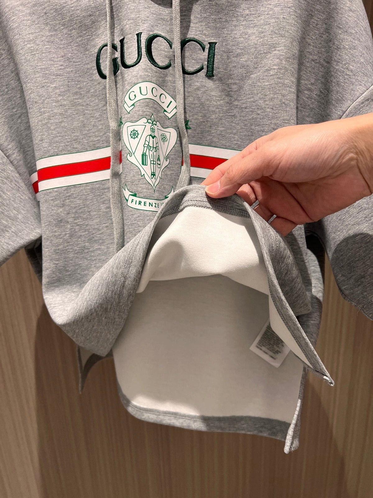Gucci Embroidered Logo Badge Striped Print Hooded Gray Cotton