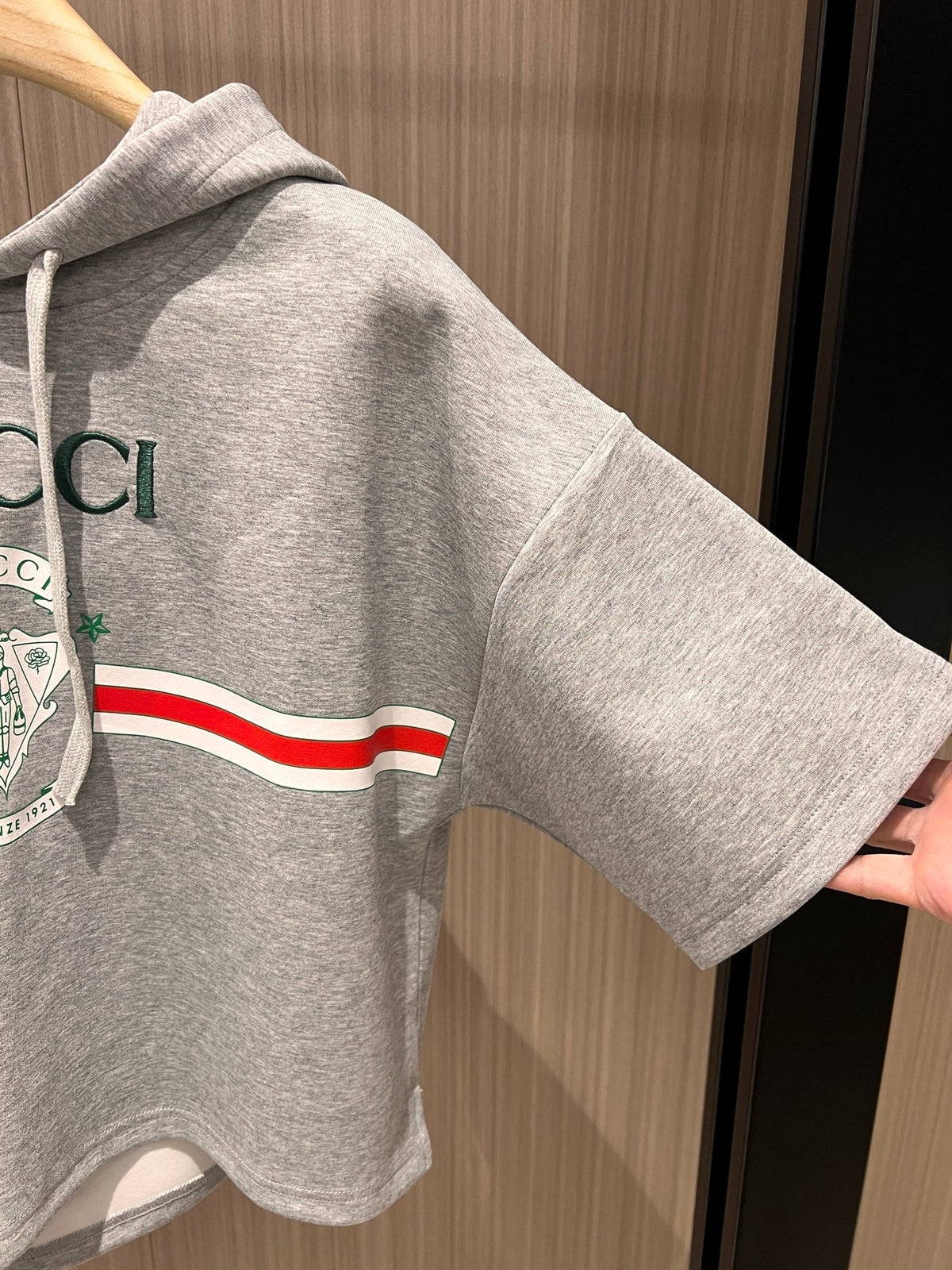 Gucci Embroidered Logo Badge Striped Print Hooded Gray Cotton