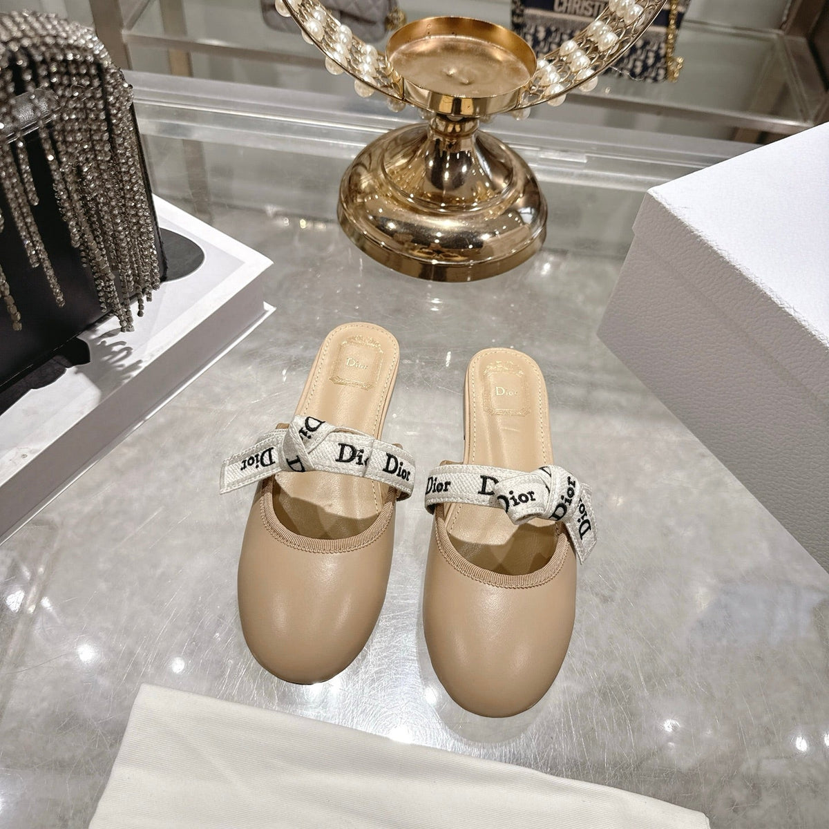 CD 26 Bow Flat Mules Embroidered Sheepskin