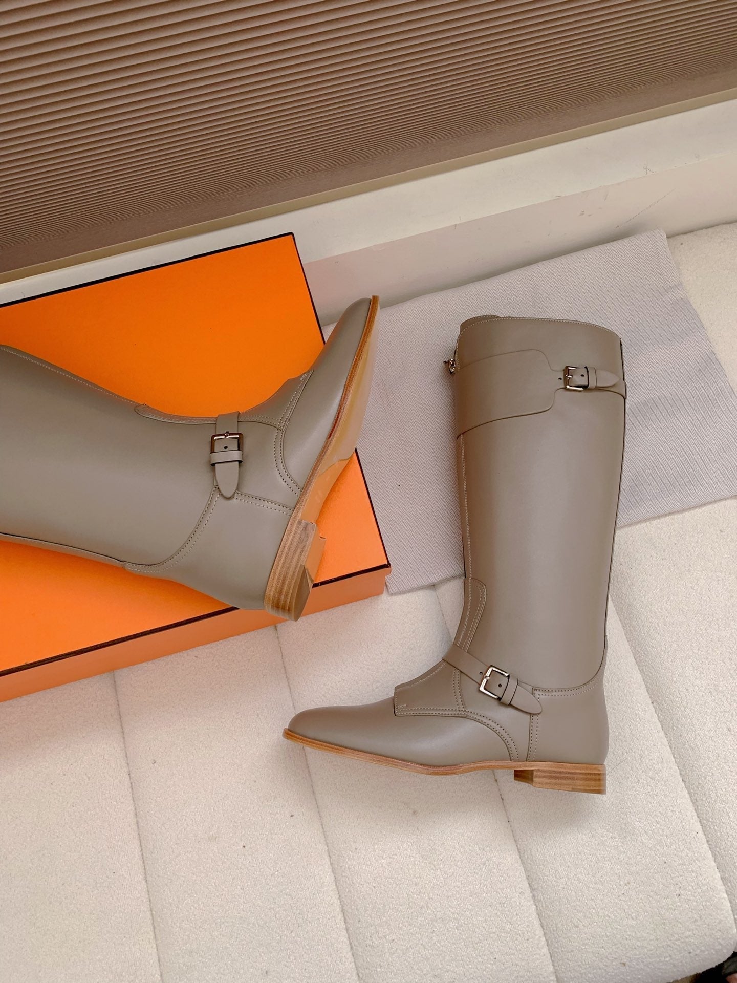 HM Riding Boots Taupe Gray Cowhide  464359