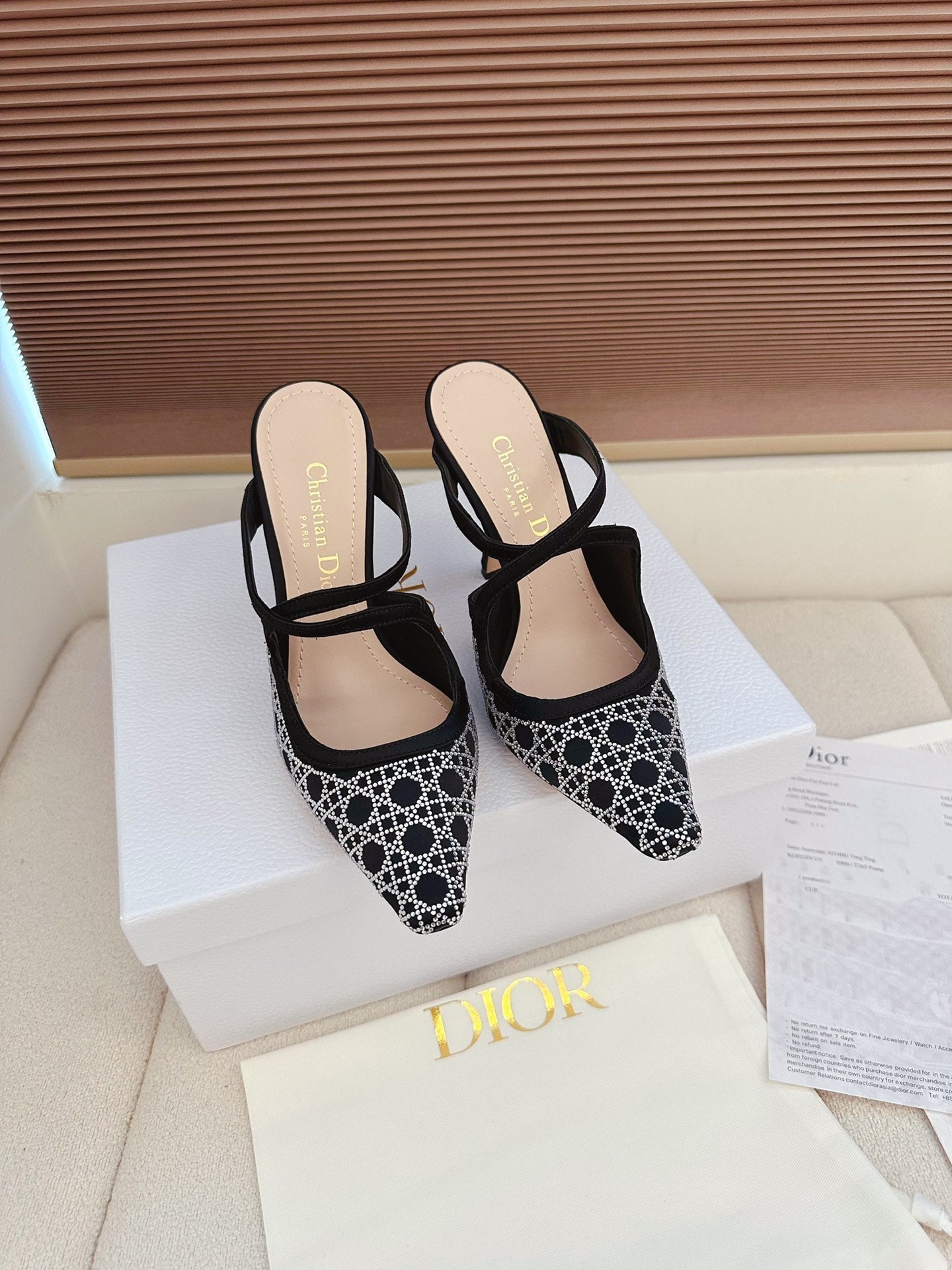 CD 26 High Heel Mule 95 Black Beige Mesh Fabric Sheepskin 614895