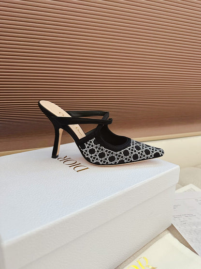 CD 26 High Heel Mule 95 Black Beige Mesh Fabric Sheepskin 614895