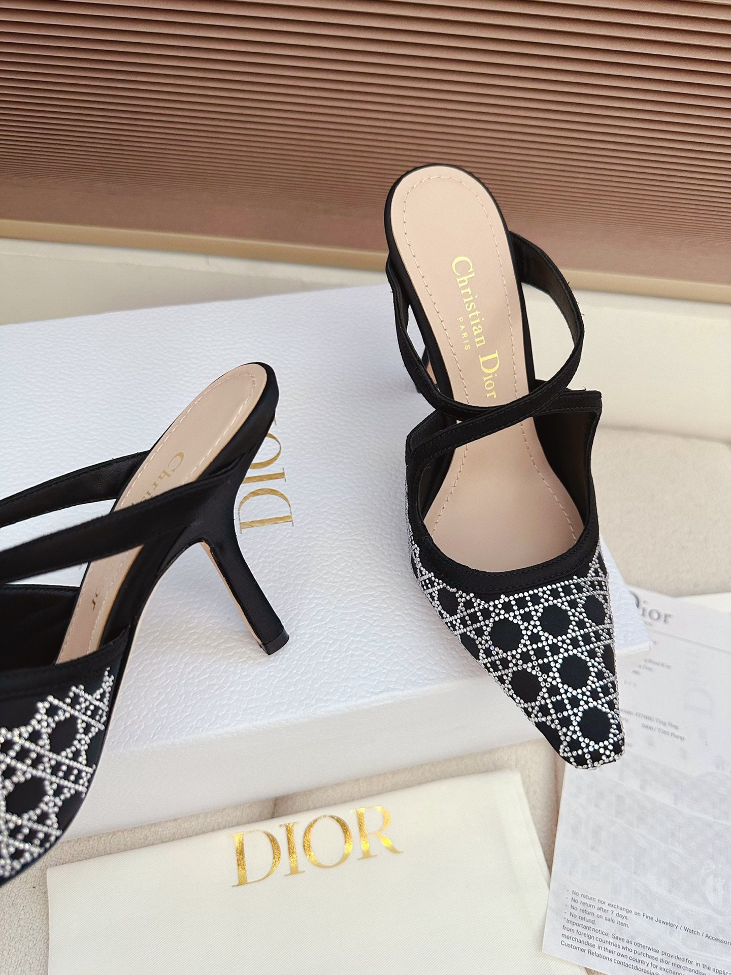 CD 26 High Heel Mule 95 Black Beige Mesh Fabric Sheepskin 614895