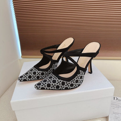 CD 26 High Heel Mule 95 Black Beige Mesh Fabric Sheepskin 614895