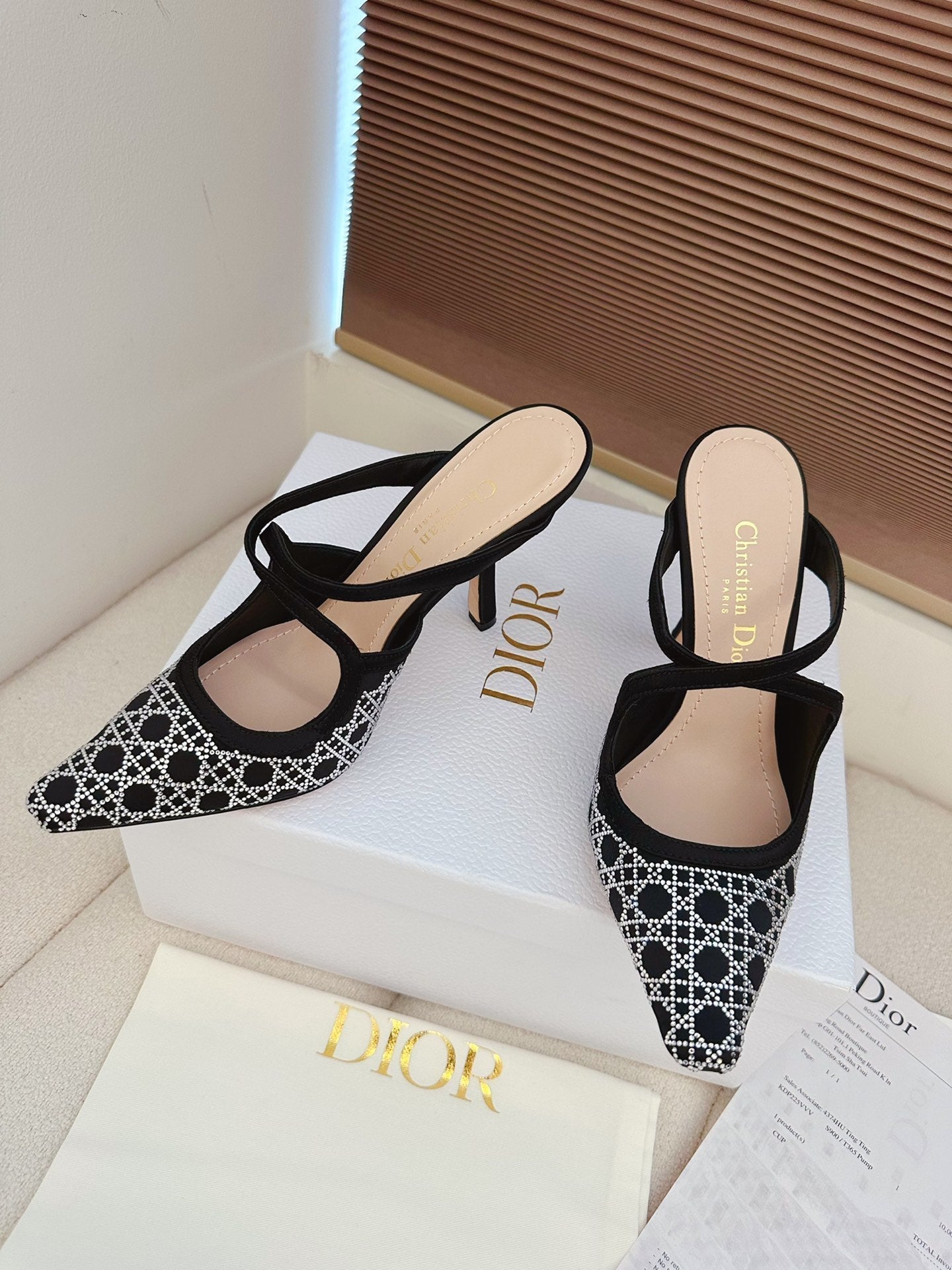 CD 26 High Heel Mule 95 Black Beige Mesh Fabric Sheepskin 614895