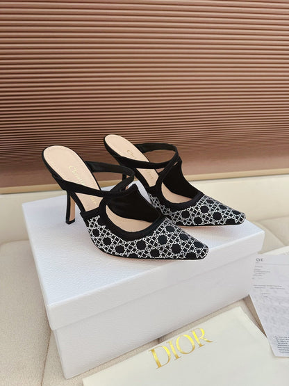 CD 26 High Heel Mule 95 Black Beige Mesh Fabric Sheepskin 614895