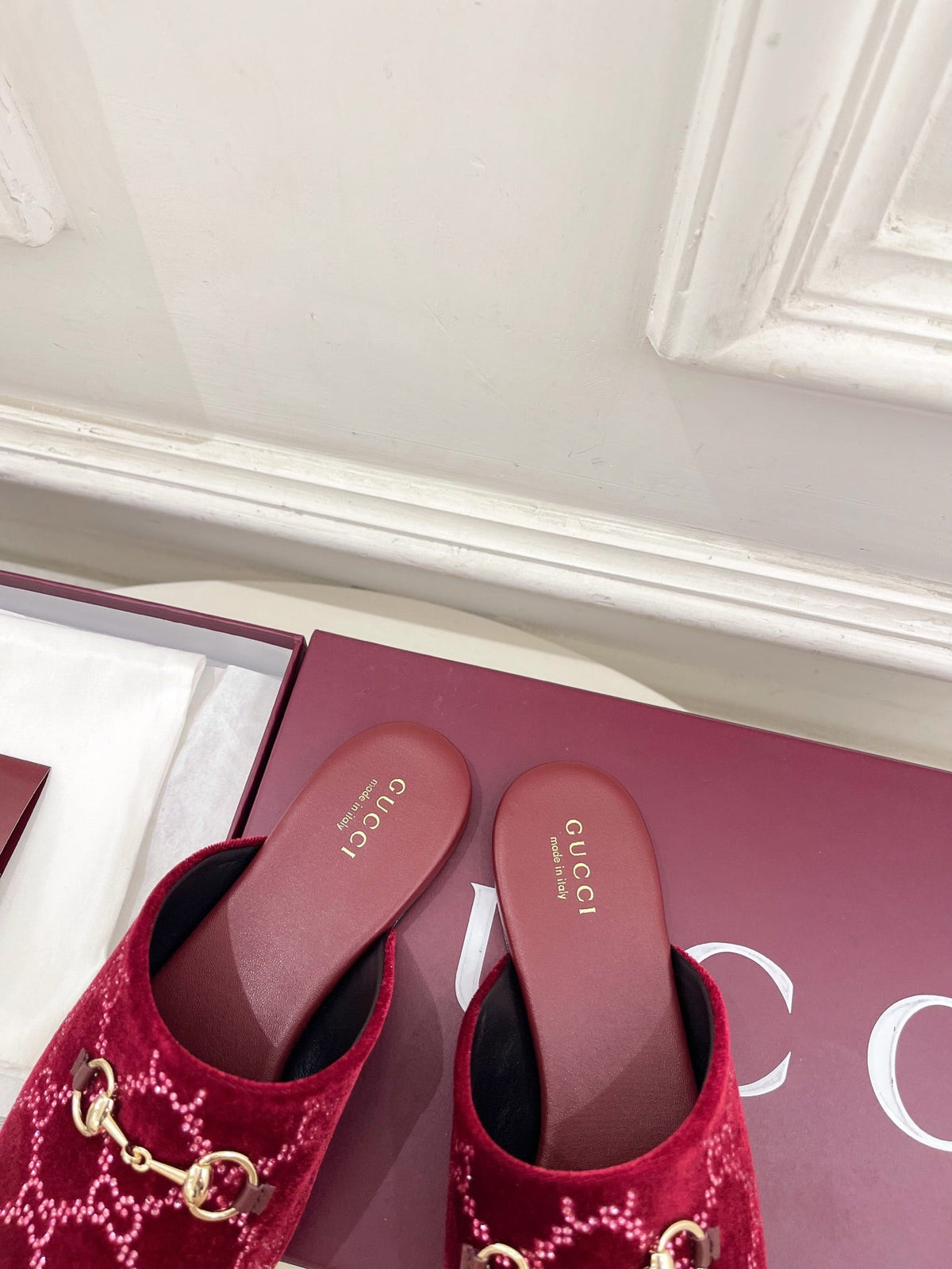 GG 26 Horsebit Flat Mules Rhinestones Red Velvet 587081