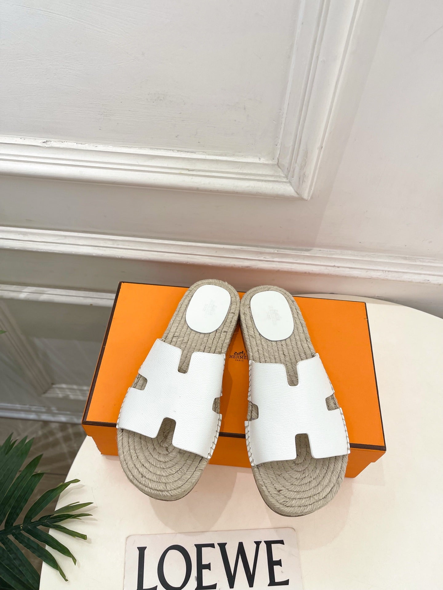 HM Antigua Espadrille White Leather Raffia 631948