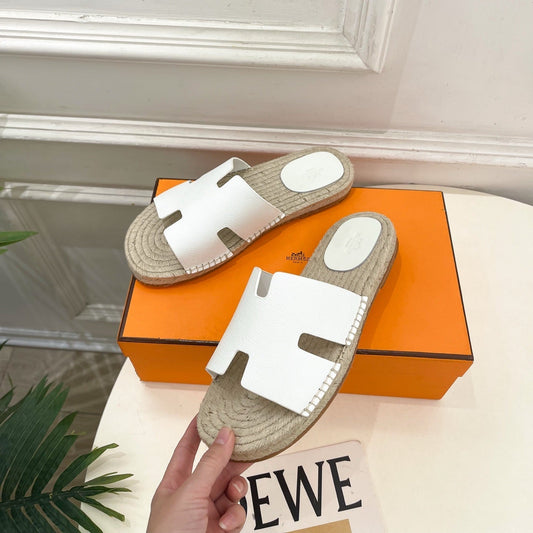 HM Antigua Espadrille White Leather Raffia 631948