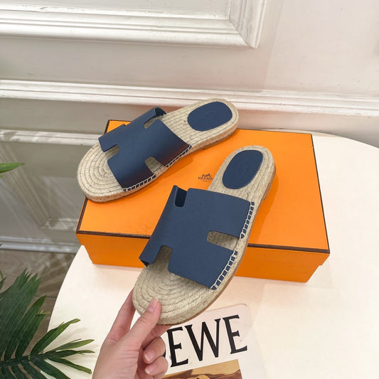 HM Antigua Espadrille Navy Blue Leather Raffia 631949